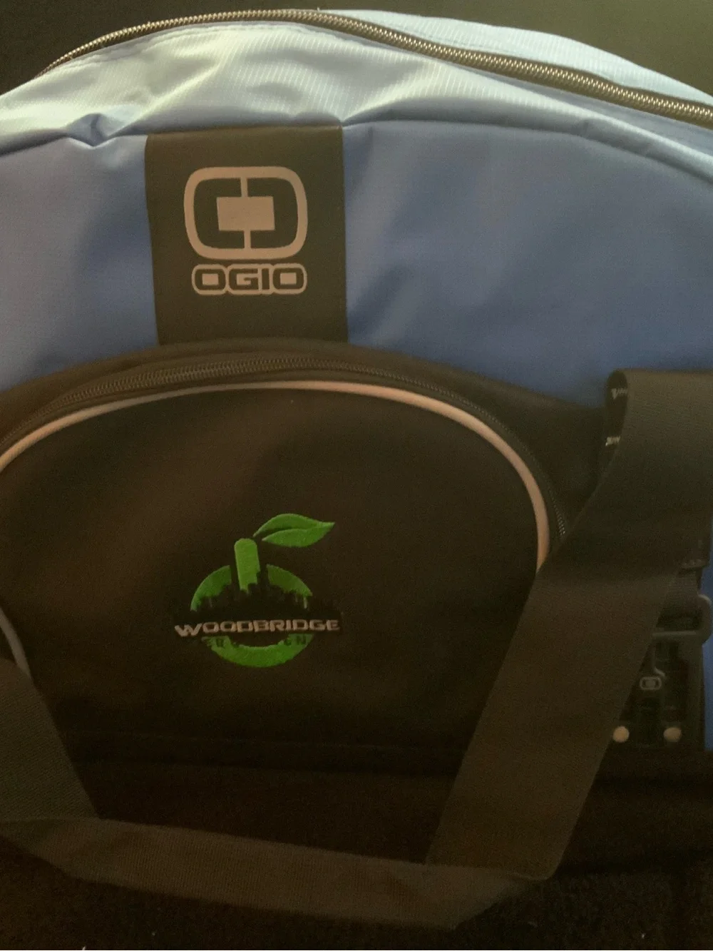 OGIO Blue and Black Duffel Bag with Woodbridge Logo